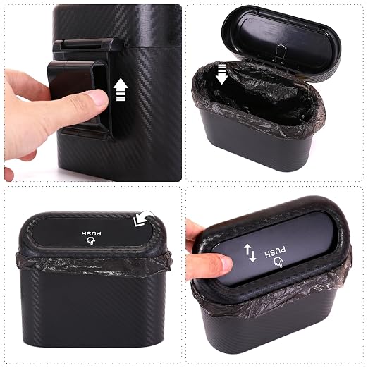 Ginsco Mini Car Trash Can with Lid, Small Car Garbage Can, Cute Leakproof ABS Car Trash Bin, Car Accessories for Interior, Garbage Bin for Car, Home, Office with 60pcs Trash Bags Carbon Fibre - Image 3