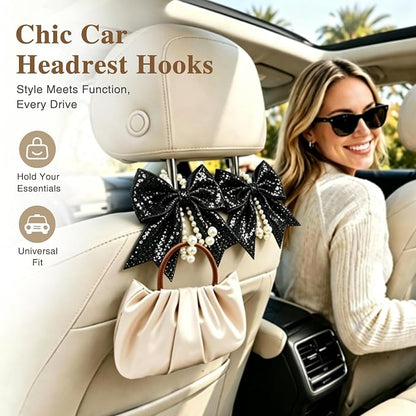 2 Pack Pearl Car Seat Headrest Hook with Bow & Sequin/Leopard/Polka Dot Design – Cute Purse Hanger for Vehicle,Grocery Bags, Umbrellas, Seat Back Organizer for Women (Black Sequins) - Image 4