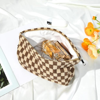 SOIDRAM 2 Pieces Makeup Bag Large Checkered Cosmetic Bag Capacity Canvas Travel Toiletry Bag Organizer Cute Makeup Brushes Aesthetic Accessories Storage Bag for Women, Brown checkered - Image 4