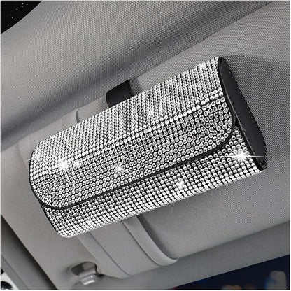 Osilly Bling Car Sunglass Holder for Sun Visor, Sparkling Crystal Leather Automotive Eyeglasses Mount Clip Organizer with Hidden Magnetic Closure for Men Women, Universal for SUV Truck Van（White） by Osilly