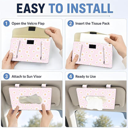 Car Tissue Holder, Cute Sun Visor Napkin Holder Backseat Tissue Case, PU Leather Tissue Box, Funny Car Accessories for Women Men Cute Pink Daisy - Image 3