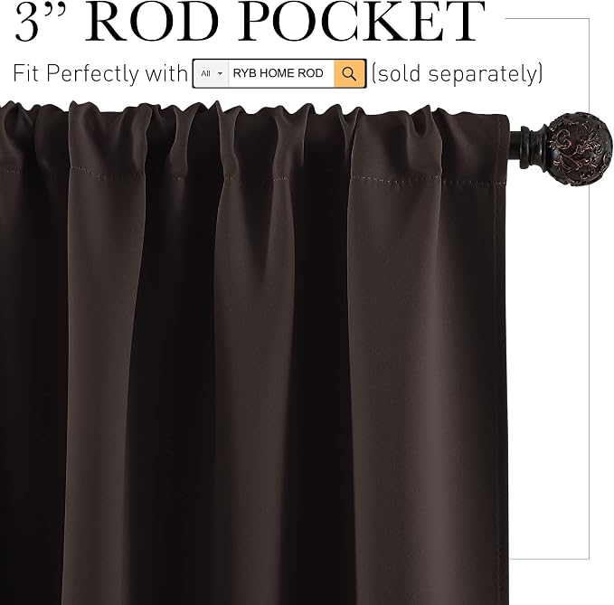 RYB HOME Small Window Curtains 45 inches Length for Kitchen Cafe Bathroom | Room Darkening Curtains & Drapes, Energy Saving, Thermal Insulated, For Kids Bedroom, W42 x L45, Brown, 2 Panels - Image 2