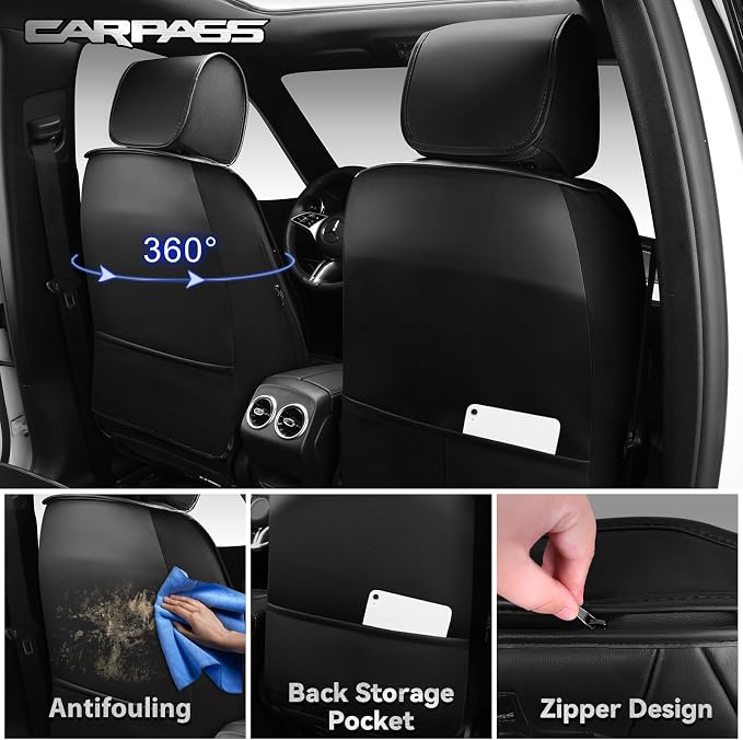 CAR PASS Luxury Nappa Leather Car Seat Covers Front Seats Only, Waterproof Faux Leather Front Seat Covers, Universal Automotive Seat Cushion Fit for Sedan SUV Truck Van, Airbag Compatible Rhomb Black - Image 2