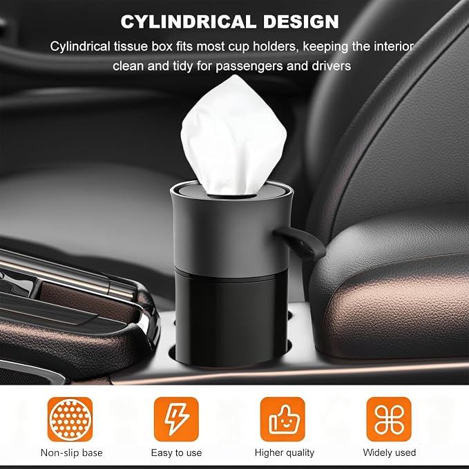 Car Tissues Cylinder, Cup Holder Car Tissue Box with Handle, Detachable Easy Cleaning Tissue Holder with 1 Pack Tissues, Black Grey - Image 2