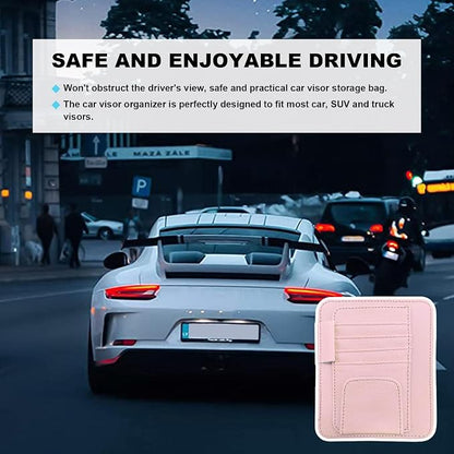 Dickno 2PCS Small Leather Car Sun Visor Organizer, Multifunctional Auto Visor Document Holder with Sunglasses Clip, Universal Car Interior Organizer for Drving License, Card, Pen (Pink) - Image 6