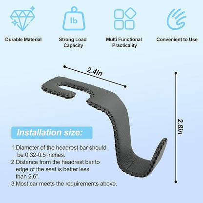 Car Headrest Hooks, Universal Car Seat Back Organizer Hanger, Premium Leather & Metal Construction, Multipurpose for Handbag, Purse, Coat, Ergonomic Design, 2 Pack Gray - Image 5