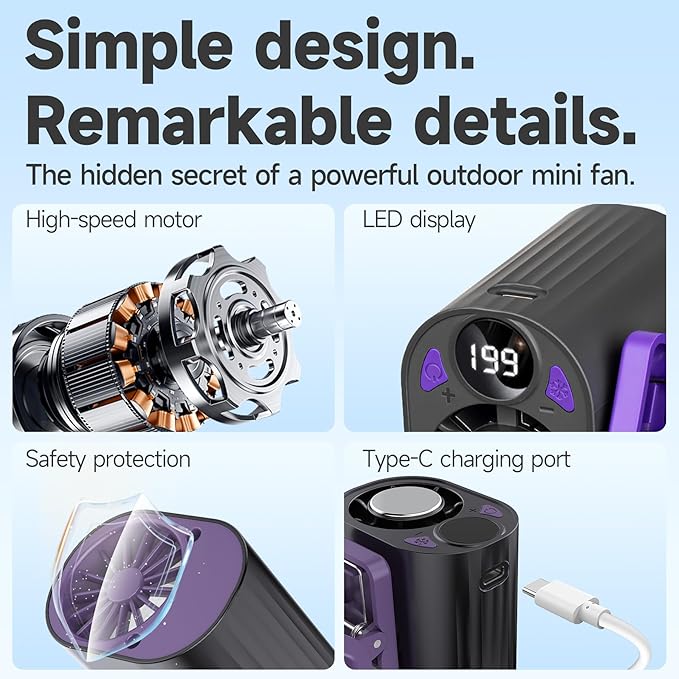 Foluu 199 Speeds Portable Clip Fan with LED Display, 18000RPM Turbo Cooling Personal Fan for Car, Desk, Umbrella, Waist, 360°Rotatable Rechargeable Mini Fan for Outdoor Camping Hiking (Black) - Image 3