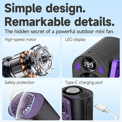 Foluu 199 Speeds Portable Clip Fan with LED Display, 18000RPM Turbo Cooling Personal Fan for Car, Desk, Umbrella, Waist, 360°Rotatable Rechargeable Mini Fan for Outdoor Camping Hiking (Black) - Image 3