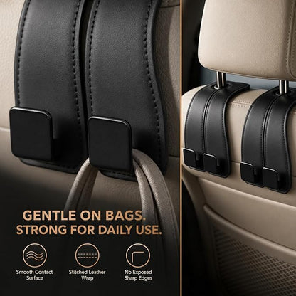 vidonio Car Headrest Hooks, 4 Pack 360° Rotating Double Hooks with Leather-Wrapped Metal Core, Heavy Duty Seat Back Purse Holder for Handbags, Grocery Bags and Backpacks, Black - Image 3