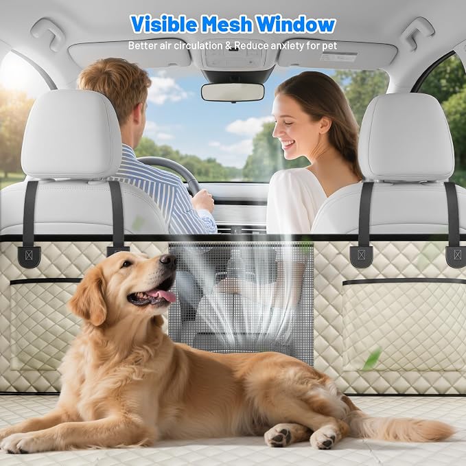 Dog Car Seat Cover for Back Seat,Hard Bottom Hammock Hold 400lbs For Cars | Hold 400lbs,Waterproof,Anti-Scratching,Safety Non-Slip,600D Oxford,Mesh Window,Storage Pocket - Image 4