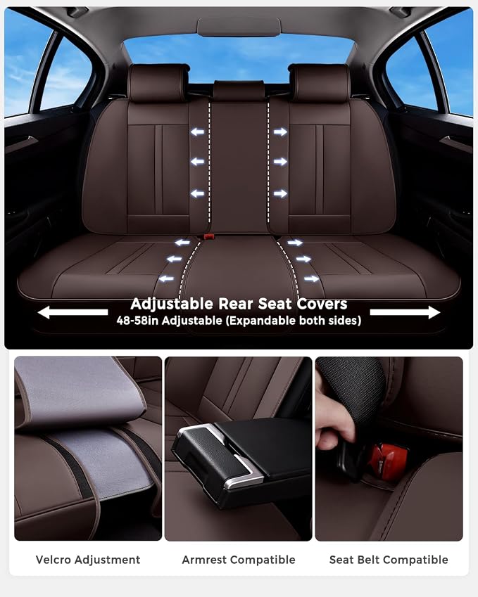 Huidasource Coffee Seat Covers Luxury Nappa Leather, Car Seat Cover with Velcro Adjustable, Airbag, Lumbar Support, Cooling and Heating, SUV Seat Covers Universal Fit for Most Cars SUV Trucks, Coffee - Image 3