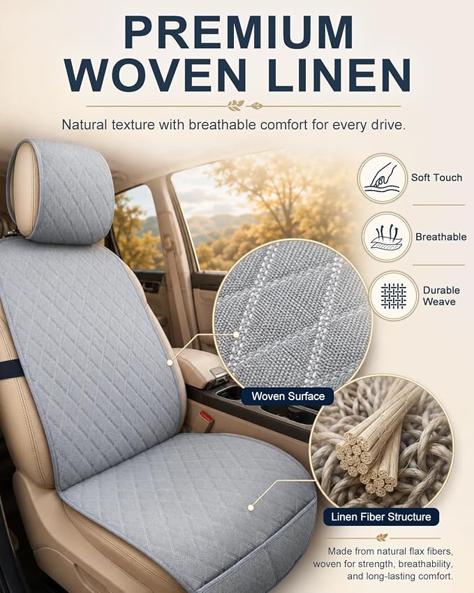 Linen Car Front Seat Covers, Breathable Linen Car Seat Protector | With A Carrying Pouch And Non-Slip Nubs On The Back; Universal Fit Cars Vans SUVs Trucks, 2 Units, Grey - Image 6