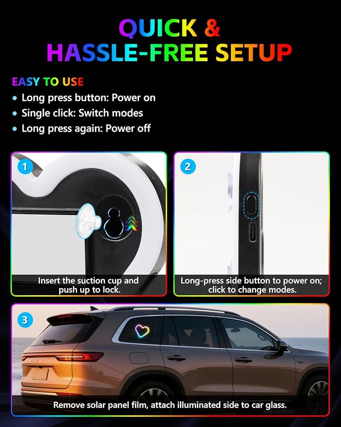 1PCS Car LED Ambient Lights, Car Triangle Window Solar-Powered Heart Shaped Atmosphere Light with 8 Switchable Lighting Modes, Rechargeable Romantic Neon Heart Light for Interior Car(Colorful) - Image 7
