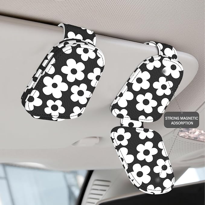 2 Pack Magnetic Leather Sunglass Holder, Universal Magnetic Car Eyeglass Hanger Clip for Different Size Eyeglasses, Car Visor Accessories (Black White Floral) - Image 3