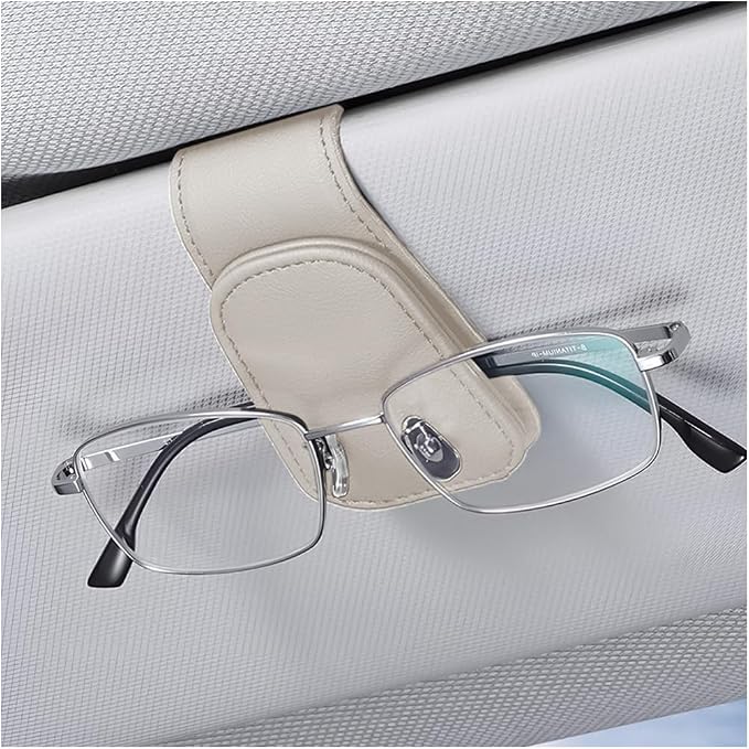 zipelo Magnetic Leather Sun Visor Sunglasses Holder Clip, Light Beige | one-hand access, soft contact surfaces, stores glasses and cards, lightweight compact form, car interior accessories by zipelo