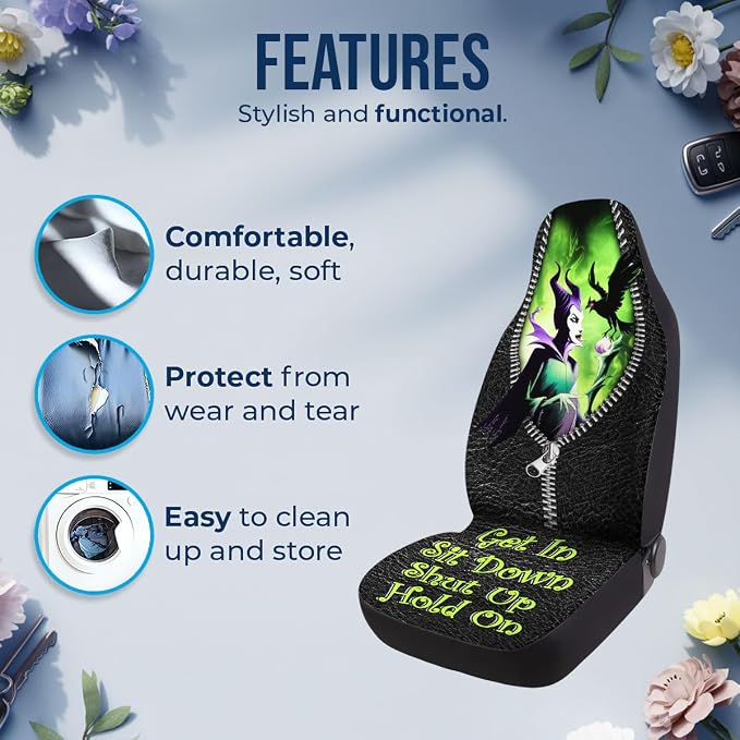GENANY Dark Fantasy Queen Car Seat Covers, 2-Piece Front Seat Set | 2-piece polyester front seat cover set, each 35 x 21 x 21 inches, with adjustable straps and hooks - Image 5