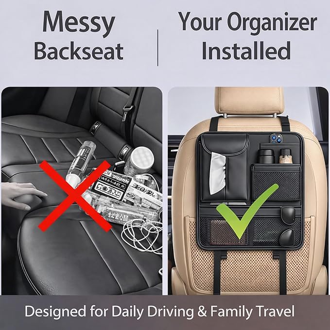 Backseat Car Organizer for Kids, Back Seat Car Organizer with 5 Pockets | Holds tissues, drinks, snacks, toys and books; easy-clean leather for family trips - Image 3