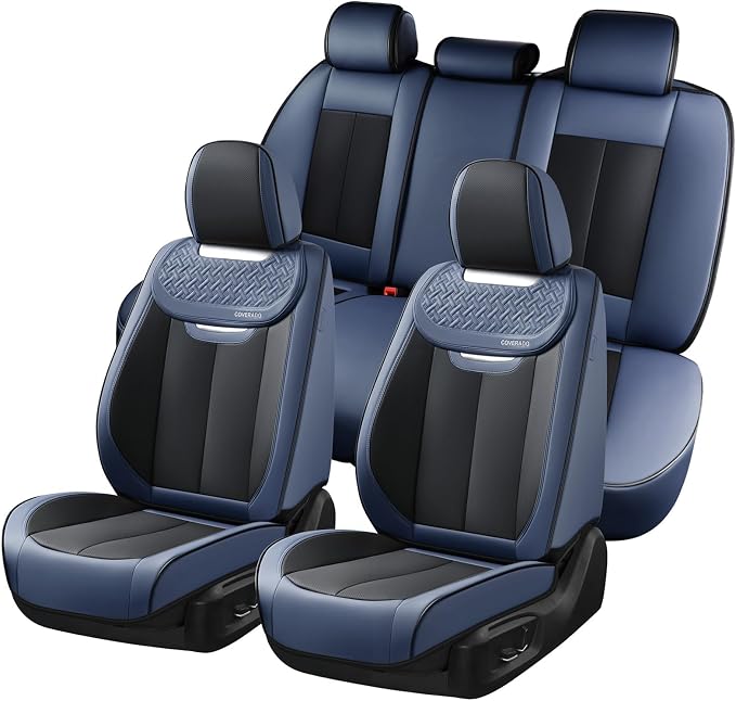 Coverado Front and Back Seat Covers for Cars, Nappa Leather Car Seat Covers Full Set, Waterproof Carseat Protector Seat Cushion, Luxury Automotive Seat Covers Universal Fit for Most Cars(Blue&Black) by COVERADOAUTO