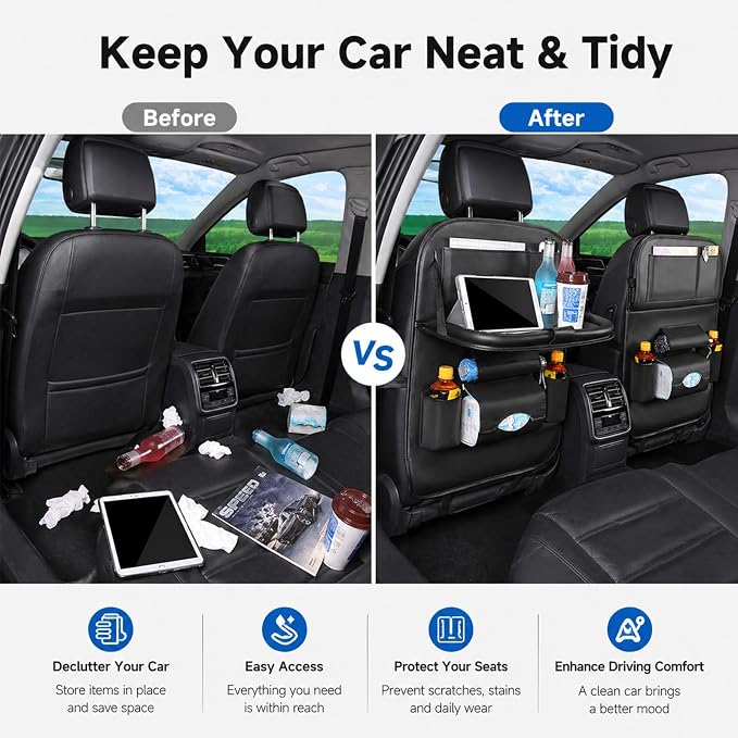 Universal Foldable Car Backseat Organizer with Table Tray, Car Seat Back Protector with Touch Screen Phone Holder, Premium Leather Kick Mats with Storage Pockets Tissue Holder (Black) - Image 6