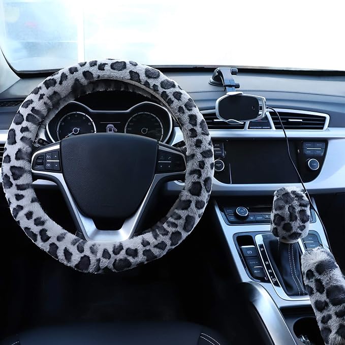 Fuzzy Steering Wheel Cover for Women Girls, Accmor Universal Fit Fur Car Wheel Cover & Handbrake Cover & Gear Shift Cover Set, Leopard Winter Warm Fluffy Vehicle Wheel Protector for Auto, SUV - Image 3