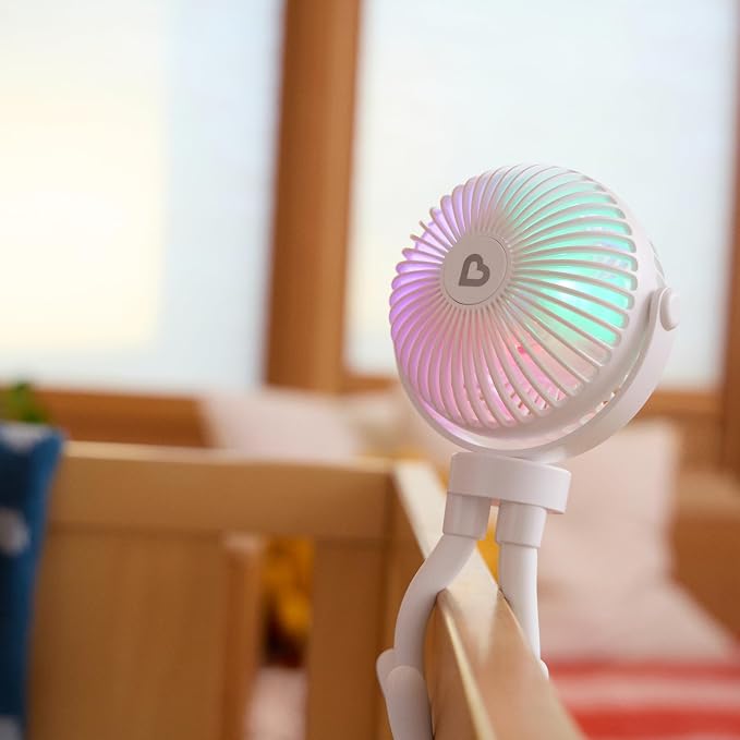 Munchkin Stroller Fan - Portable Fan for Travel, Baby Gear Accessory with 4 Speeds, Flexible Clip-on Leg Attachment, Rechargeable Battery, White with Multicolored LED Lights - Image 6