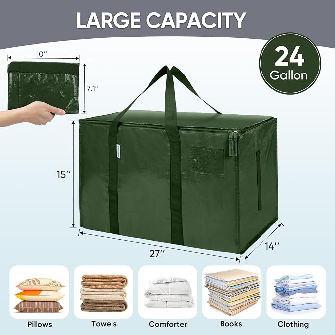 TICONN 2 Pack Extra Large Moving Bags Heavy Duty with Zippers & Carrying Handles, Durable Storage Bags Moving Boxes for Closet Organizers and Storage (2 Pack, Olive) - Image 5