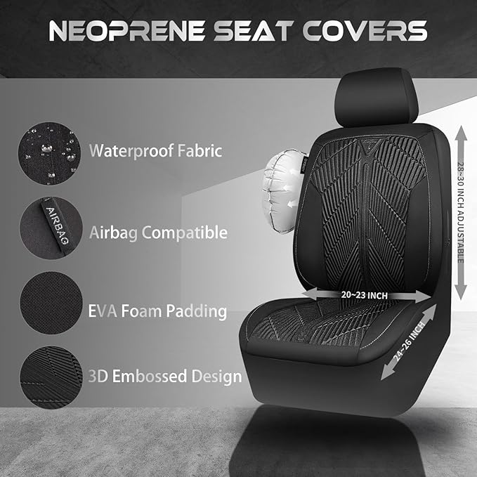 CAR PASS Waterproof Car Seat Covers Full Set,Neoprene Wetsuit, All-Weather Non-Slip Durable, Universal Fit for SUV, Sedans, Trucks, Vans, with Armrest & Airbag Compatibable, All Black - Image 3