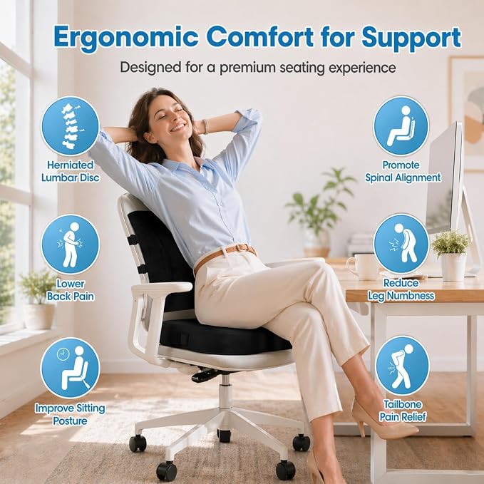 CloudBliss Ergonomic Seat Cushion & Lumbar Support Pillow Set, Black, XL | Back Pain & Sciatica Relief, Memory Foam Support, Adjustable Straps, Machine Washable Velvet, Perfect for Office, Car, Gaming - Image 2