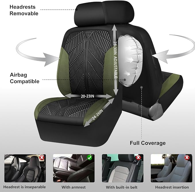 CAR PASS Waterproof Car Seat Covers Front Seats Covers Neoprene Wetsuit, All-Weather Non-Slip Durable,Universal Fit for SUV Sedans Trucks Vans Automotive,Armrest Airbag Compatible,Emboss 2 Black Green - Image 8