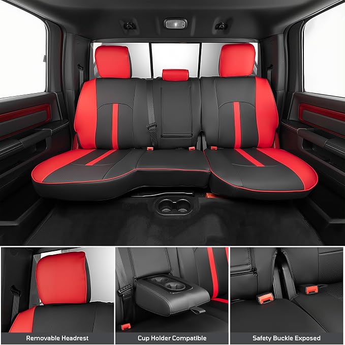 Seat Covers Custom Fit for Dodge 2009-2018 Ram 1500 Crew Cab,Red/Black | Custom Fit Faux Leather Full Set,Waterproof & Wear-Resistant,Fits for 4th Gen Ram 1500 Big Horn/SLT/Lone Star,Easy to Clean - Image 4