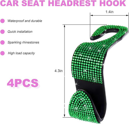 4 PCS Bling Car Seat Headrest Hooks, Rhinestone Vehicle Backseat Storage Hanger Backpack Hook, Sparkly Multi-Functional Headrest Purse Holder for Car Truck SUV RV (Green) - Image 2