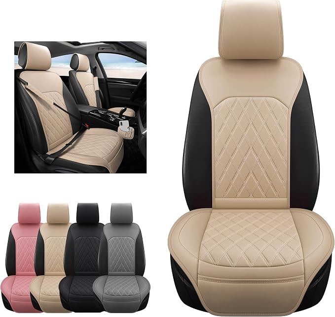 Front Car Seat Covers - Leather Seat Covers with Storage Pocket and Two Belt Pads, Anti-Slip Waterproof Universal Seat Covers for Cars Fit Cars Trucks SUV(Beige,2 Pack) - Image 8