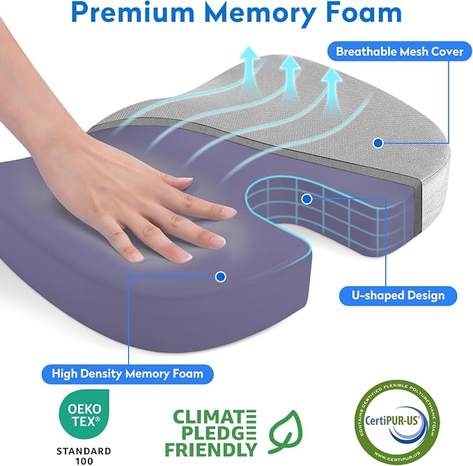CushZone XL Memory Foam Seat Cushion for Office & Car, Light Gray | U-shaped Coccyx Cutout, Contoured Design, Breathable Removable Mesh Cover, Non-Slip Base, Carry Handle - Image 2