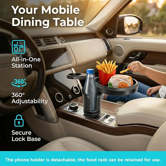 Car Cup Holder Tray, 4-in-1 Vehicle Drink Holder Expander Adapter with Phone Holder & Food Tray Table, Auto Center Console Cupholder Eating Table Organizer for Road Trip, Universal Fit (Gray) - Image 4