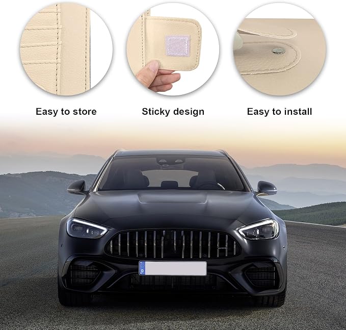 Dickno Small Leather Car Sun Visor Organizer, Multifunctional Auto Visor Document Holder with Sunglasses Clip, Universal Car Interior Organizer for Drving License, Card, Pen (Beige) - Image 3
