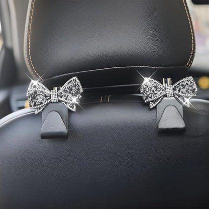 Zpana Bling Car Headreat Hook, 2PCS Crystal Rhinestone Cute Bow Vehicle Seat Back Hanger Storage for Purses Bags Grocery, Diamond Auto Rear Seat Organizer, Universal for SUV Truck Sedan (Black) | PVC construction, rhinestone bow design, compact rear se... - Image 6
