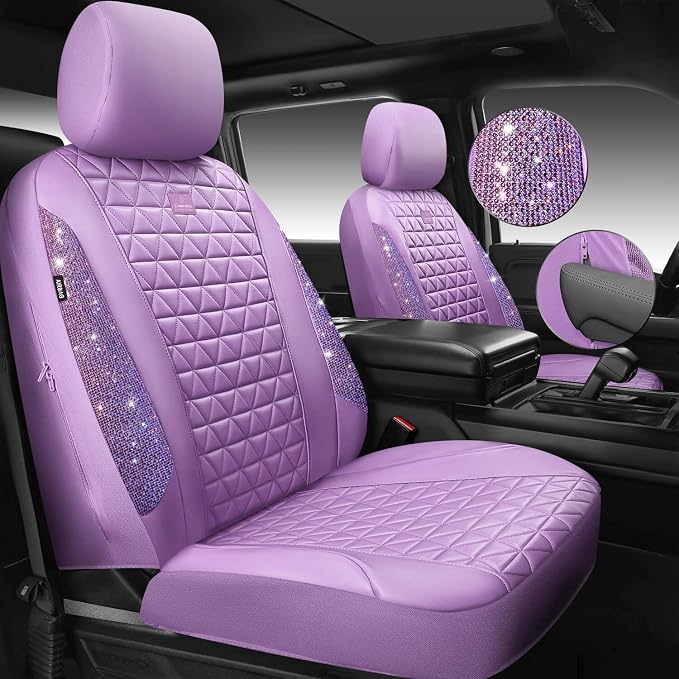 CAR PASS Light Purple Bling Diamond Leather Car Seat Covers Full Sets, Waterproof Shining Glitter Sparkly Crystal Universal Armrest Fit for Automotive Truck SUV Cute Women Girl,Lavender Rhinestone - Image 2