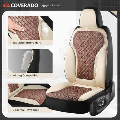 Coverado Front Seat Covers, Luxury Diamond Leather Car Seat Cover with Carbon Fiber Weave, Waterproof Car Seat Cover Driver Seat Cover Spill-Proof Design Universal Fit for Most Cars, Beige&Brown - Image 4