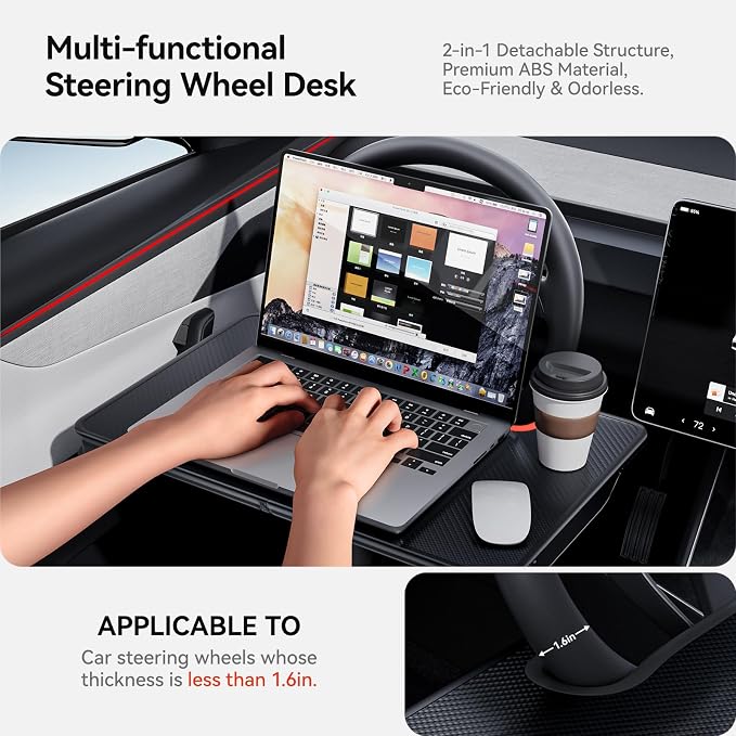 YONZEE 2-in-1 Car Steering Wheel Desk Tray & Car Seat Gap Filler Organizer – Foldable Carbon Fiber Look Table for Laptop, Eating, Writing – for Standard Round Steering Wheels - Image 6