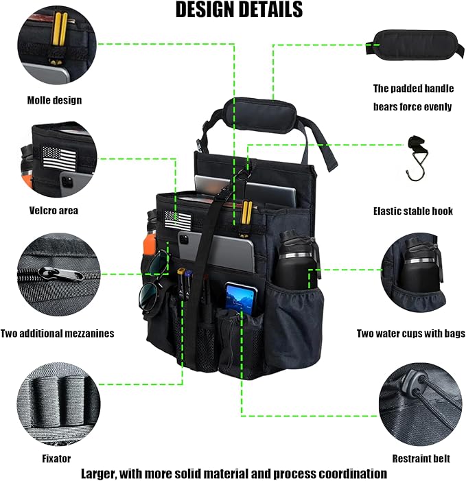 Front & Seat back organizer with dedicated tablet and 15.6 IN laptop storage stabilizers external stabilizing side straps soft adjustable shoulder straps hardened buckle (Black) - Image 2