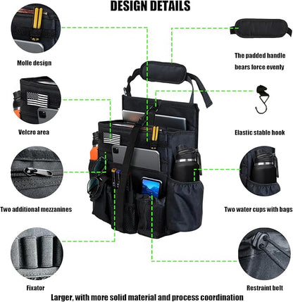 Front & Seat back organizer with dedicated tablet and 15.6 IN laptop storage stabilizers external stabilizing side straps soft adjustable shoulder straps hardened buckle (Black) - Image 2