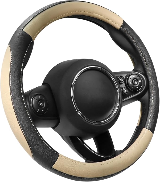 SEG Direct Car Steering Wheel Cover for Prius Civic Model 3 / Y 14"-14.25" | Small Size 35.5-36 cm for Camaro, Microfiber Leather, Anti-Slip Comfortable Grip, Auto Interior Accessories, Black and Beige by SEGDirect