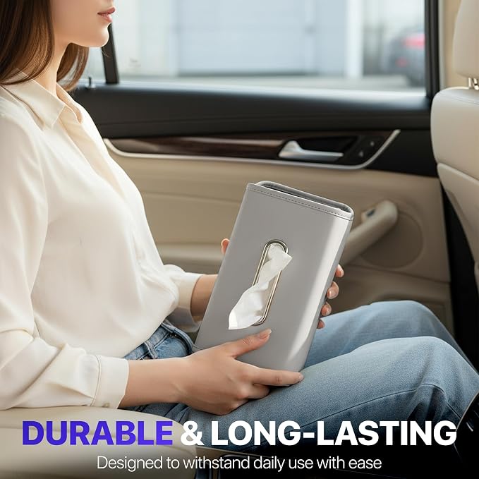 Lucrum Extra Large Car Tissue Holder - PU Leather Tissue Box Cover | Fits Regular Size Napkins Box - PU Leather Car Tissue Holder for Seat Back, Sun Visor & Console - Pearl Grey - Image 6
