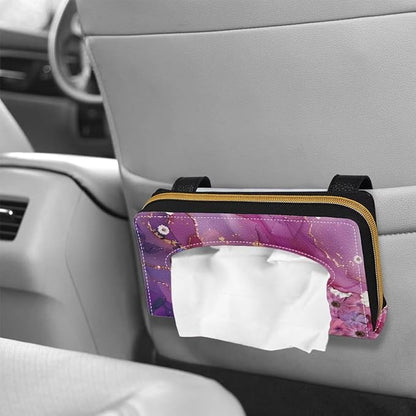 Biyejit 2 Pack Car Tissue Holder, Pink Marble Floral PU Leather Hanging Paper Towel Box, Auto Napkin Holder Cover Paper Tissue Dispenser for Sun Visor & Backseat Vehicle - Image 4