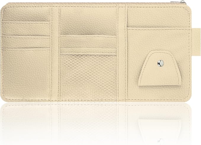 Car Visor Organizer with Sunglass Holder,Multi-Functional Car Sun Visor Organizer with Zipper for Cards,Money,Tickets,Leather Interior Accessories (Beige) - Image 7