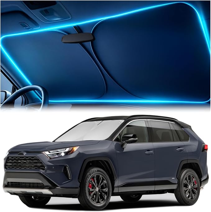 Windshield Sun Shade for Toyota RAV4 2019 2020 2021 2022 2023 2024 2025 – Custom Fit Sun Shield with Mirror Cut‑Out, Blocks Heat & UV, Foldable with Storage Pouch - Toyota RAV4 Windshield Sunshade by Autopect