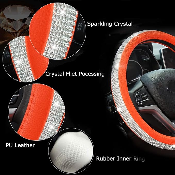 New Diamond Leather Steering Wheel Cover with Bling Crystal Rhinestones | Universal Fit 15 Inch Car Wheel Protector for Women Girls Orange - Image 5
