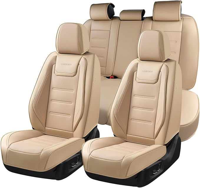 Coverado Car Seat Covers Full Set, Waterproof Car Seat Protector, Leather Seat Cushion, Universal Car Interior Covers Seat Protectors for Most Cars Beige by COVERADOAUTO