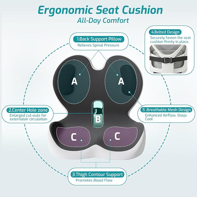 Trucker Seat Cushion, Thick Car Seat Cushions with Lumbar Support Pillow, Ergonomic L-Shaped Orthopedic Memory Foam for Long Driving Lower Back Pain Sciatica Relief, Gift for Drivers (Black+LGrey) - Image 3