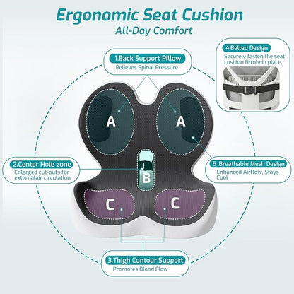 Trucker Seat Cushion, Thick Car Seat Cushions with Lumbar Support Pillow, Ergonomic L-Shaped Orthopedic Memory Foam for Long Driving Lower Back Pain Sciatica Relief, Gift for Drivers (Black+LGrey) - Image 3